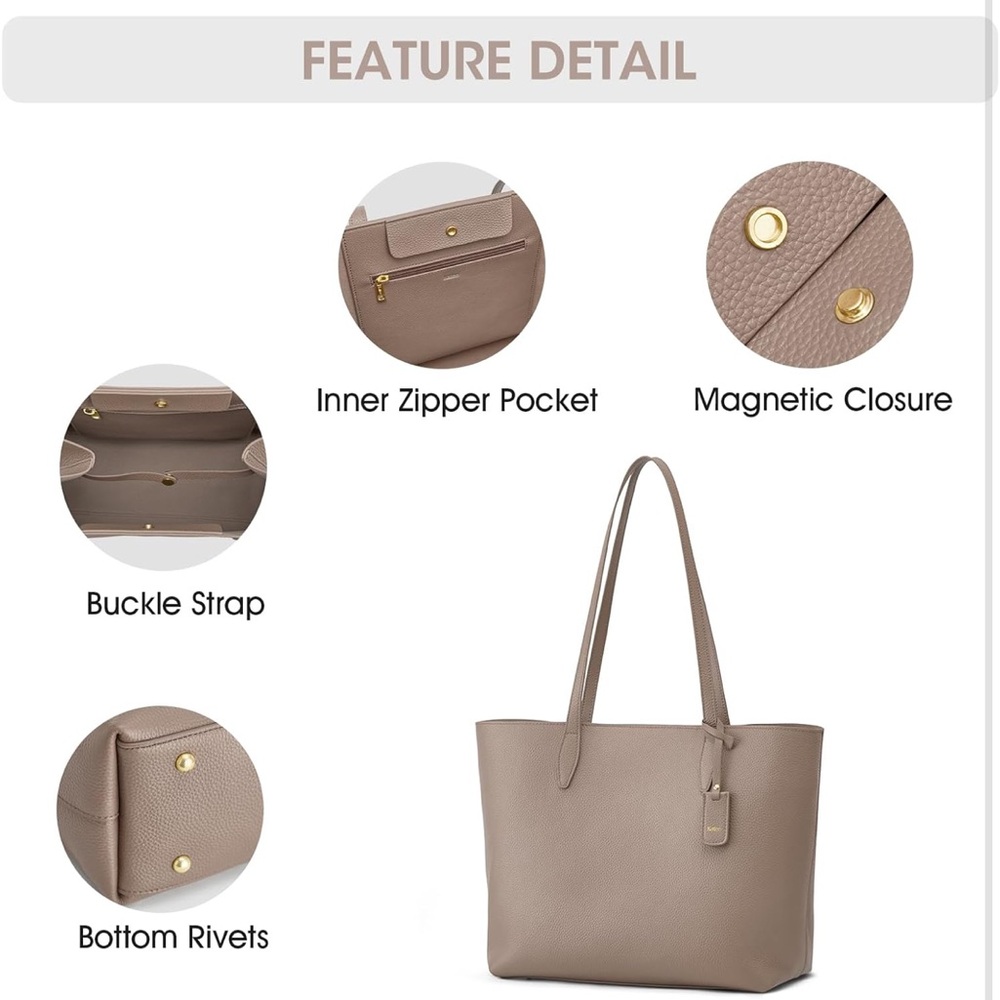 Kattee Leather Tote Bags for Women with Wristlet Mini Pouch Khaki NWT - Picture 4 of 12